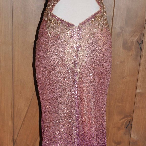 Golden ASP Mini Sequin Covered Gold to Rose Tones Sexy Open Back Evening Gown - Picture 8 of 9